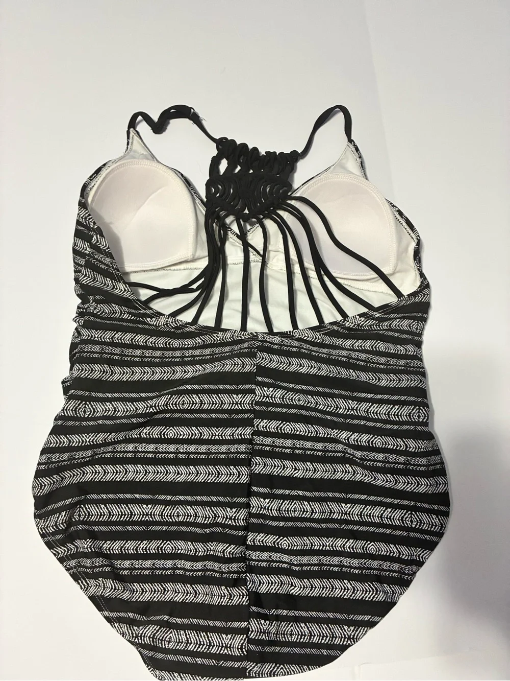 Tahiti Black & White Print One-Piece Swimsuit — Strappy Macramé Back — Size L